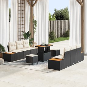 Set de canapele pentru grădină vidaXL cu 9 piese cu perne Negru Ratan Poliesteric Acacia