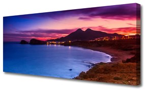 Tablou pe panza canvas Marea Munți Beach Peisaj Albastru Maro Roz Violet
