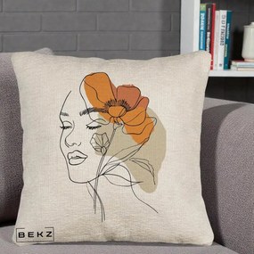 Perna Decorativa Portret Feminin Mac Mare Portocaliu, 40x40 cm, Bej Canapea, Husa Detasabila, Perna Inclusa, BEKZ®