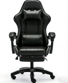 RESIGILAT- Scaun gaming, Masaj în perna lombară, Rabatabil 90-145°, Suport picioare, piele PU, Negru