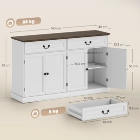 HOMCOM Bufet pentru living, corp de depozitare cu 4 uși, 2 sertare silențioase, rafturi reglabile, 140x40x85cm, alb și maro | Aosom Romania