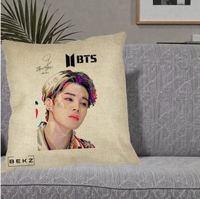 Perna Personalizata K-pop BTS Jimin Portret Artistic Multicolor cu Autograf, 40x40 cm, Crem, Husa Detasabila, Perna Inclusa, BEKZ®