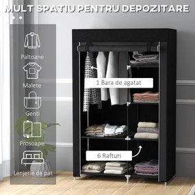 HOMCOM Dulap Portabil din Material, Dulap cu 6 Rafturi Deschise, 1 Bară și Ușă cu Fermoar, 103x43x162,5 cm, Negru | Aosom Romania