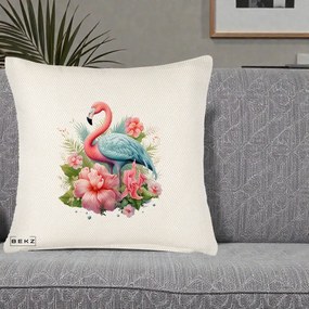 Perna Decorativa Flamingo cu Hibiscus Tropical, 40x40 cm, Crem Reliefat, Husa Detasabila, Perna Inclusa, BEKZ®
