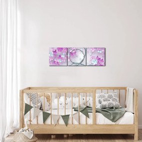 Tablouri cu flori pe trunchi argintiu - abstract (cu ceas) (90x30 cm)