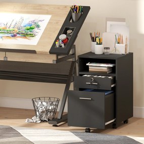 Vinsetto Comodă de Birou cu 2 Sertare și Raft Deschis, Mobilier cu 5 Rotile, Încuietoare și 2 Chei, 39x40x65 cm, Negru | Aosom Romania