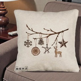 Perna Decorativa Ornamente de Lemn pe Ramura, 40x40 cm, Bej Canapea, Husa Detasabila, Perna Inclusa, BEKZ®