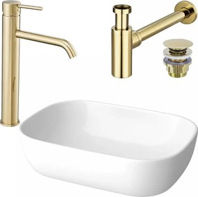 Pachet lavoar pe blat Cersanit Moduo alb 50.5 cm, baterie lavoar Rea Lungo auriu si ventil lavoar Click-Clack auriu
