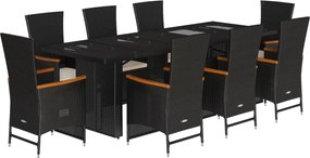 vidaXL Set mobilier de grădină cu perne, 9 piese, negru, poliratan