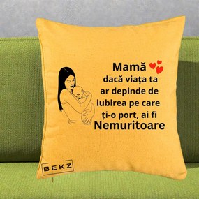 Cadou pentru Mama - Perna Personalizata Mama Nemuritoare Linie, 40x40 cm, Galben, Husa Detasabila, Perna Inclusa, BEKZ®