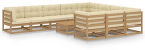 3077052 vidaXL Set mobilier grădină cu perne, 11 piese, maro, lemn masiv pin