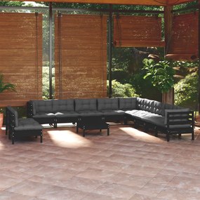 3096861 vidaXL Set mobilier grădină cu perne, 12 piese, negru, lemn masiv pin