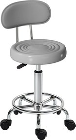 HOMCOM Taburet cu roți, rotativ și reglabil cu spătar, tapițerie din piele ecologică, suport pentru picioare, pentru mese de frizerie, Gri | Aosom Romania