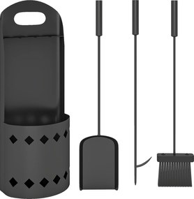 Outsunny Set servitor pentru șemineu 4 piese, accesorii unelte pentru șemineu cu mătură lopată tisonier și suport, din metal negru | Aosom Romania