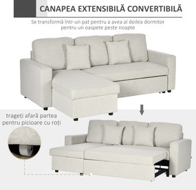 HOMCOM Canapea Extensibilă de Colț în Formă de L, Cu Șezlong Convertibil și Spațiu de Depozitare, Tapițerie Crem cu Efect de In, Perne Incluse | Aosom Romania