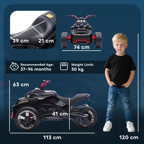 AIYAPLAY Quad electric copii mașină electrică pentru copii 12V 3 roți 2 motoare player MP3, claxon, 2 viteze 3-5 km/h negru | Aosom Romania