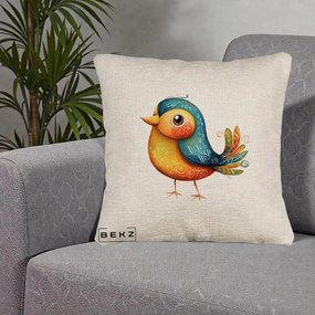 Perna Decorativa Pasare Folk Art Portocalie-Teal, 40x40 cm, Bej Canapea, Husa Detasabila, Perna Inclusa, BEKZ®