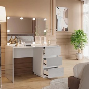 Masuta machiaj cu Oglinda LED si 3 Sertare pentru Cosmetice, Set Masa toaleta 120 cm, Alb Lucios, masuta cosmetica, vanity - SEA805