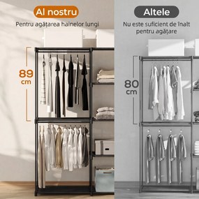 HOMCOM Dulap de Haine cu 2 Bare și 4 Rafturi, din Material Non-Țesut, Plastic și Oțel, 142x43x185 cm, Negru | Aosom Romania