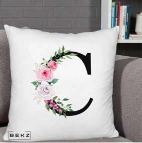 Cadou Personalizat - Perna Personalizata Monograma Florala Litera C, 40x40 cm, Alb Pufos, Husa Detasabila, Perna Inclusa, BEKZ®