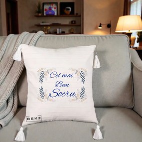 Cadou pentru Socru - Perna Personalizata Cel mai Bun Socru cu Ramuri Frunze Albastre si Aurii, 40x40 cm, Bej cu Franjuri, Husa Detasabila, Perna Inclusa, BEKZ®