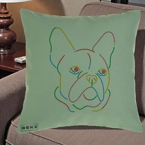 Perna Decorativa Bulldog Francez Line Art Curcubeu, 40x40 cm, Verde, Husa Detasabila, Perna Inclusa, BEKZ®