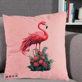 Perna Decorativa Flamingo cu Trandafiri Tropicali, 40x40 cm, Roz, Husa Detasabila, Perna Inclusa, BEKZ®