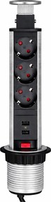 Priză încorporabilă în blat Lift Box Design Light, 3 prize Schuko, 2 porturi USB, inox, D:71 mm D:71 mm; H:328 mm, Inox, Metal/Plastic