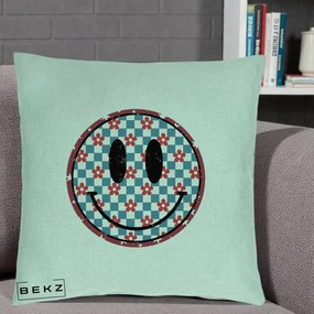 Perna Decorativa Smiley Face Checkered cu Floricele, 40x40 cm, Verde Menta, Husa Detasabila, Perna Inclusa, BEKZ®