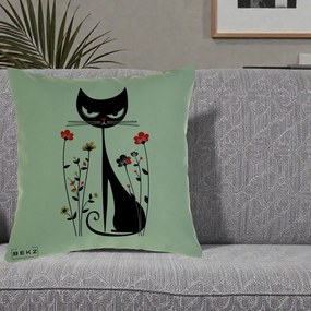 Perna Decorativa Pisica Neagra Grafica Flori Rosii, 40x40 cm, Verde, Husa Detasabila, Perna Inclusa, BEKZ®