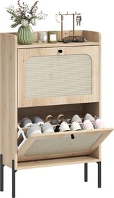 HOMCOM Dulap pentru încălțăminte 12 perechi, dulap cu 2 sertare rabatabile, uși din ratan și polițe reglabile, stejar | Aosom Romania