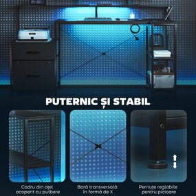 HOMCOM Birou Gaming în formă de L cu prize multiple, LED-uri, 165x80 cm, birou PC cu 2 sertare din material textil, 2 rafturi deschise, măsuță laterală și 2 suporturi monitor, din PAL și oțel, Negru | Aosom Romania