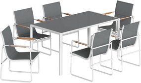 Outsunny Set masă și scaune pentru grădină cu masă din sticlă securizată și 6 scaune respirabile pentru terasă/patio Alb și Gri | Aosom Romania