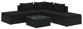 Set mobilier de gradina cu perne, 6 piese, negru, poliratan Negru, colt + 2x mijloc + 2x suport pentru picioare + masa, 1