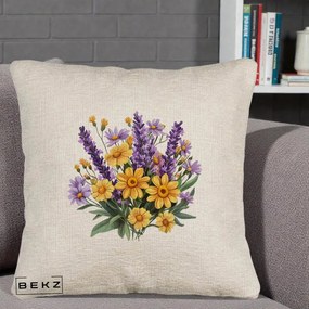 Perna Decorativa Lavanda cu Margarete Galbene si Lila, 40x40 cm, Bej Canapea, Husa Detasabila, Perna Inclusa, BEKZ®