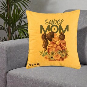 Cadou pentru Mama - Perna Personalizata Super Mom Mama cu Bebelusul, 40x40 cm, Galben, Husa Detasabila, Perna Inclusa, BEKZ®