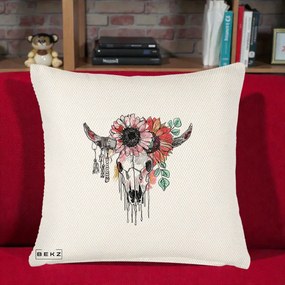Perna Decorativa Craniu Boho Floral, 40x40 cm, Crem Reliefat, Husa Detasabila, Perna Inclusa, BEKZ®