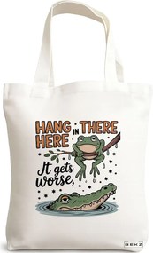 Sacosa de Panza pentru Cumparaturi, Geanta Tote, model Hang in there Here it gets worse 38 x 34.5 cm, Alba, BEKZ®