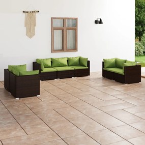 Set mobilier de gradina cu perne, 7 piese, maro, poliratan maro si verde, 6x colt + mijloc, 1