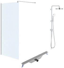 Set paravan dus walk-in 100x200 cm Cersanit Mille, rigola cu iesire laterala si capac crom plus coloana de dus crom