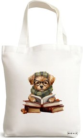 Sacosa de Panza pentru Cumparaturi, Geanta Tote, model Reading puppy 11 38 x 34.5 cm, Alba, BEKZ®