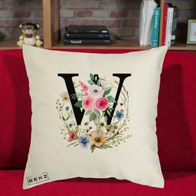 Cadou Personalizat - Perna Personalizata Monograma Florala Litera W, 40x40 cm, Ecru, Husa Detasabila, Perna Inclusa, BEKZ®