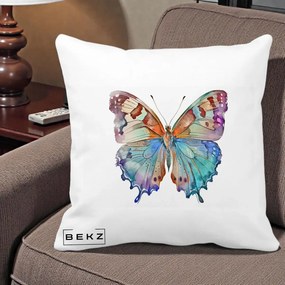 Perna Decorativa Fluture Acuarela Multicolor Portocaliu-Bleu-Mov, 40x40 cm, Alba Mata, Husa Detasabila, Perna Inclusa, BEKZ®