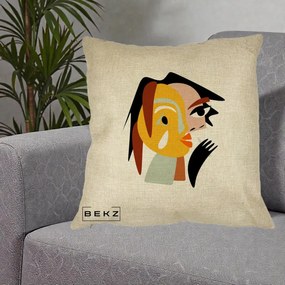 Perna Decorativa Portret Abstract Galben-Ocru, 40x40 cm, Crem, Husa Detasabila, Perna Inclusa, BEKZ®