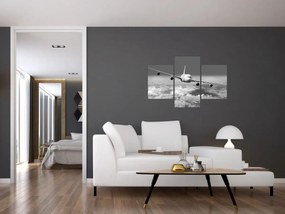 Tablou - Avion în nori, alb și negru (90x60 cm)