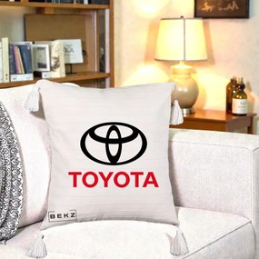Perna Personalizata cu emblema Toyota, 40x40 cm, Bej cu Franjuri, Husa Detasabila, Perna Inclusa, BEKZ®