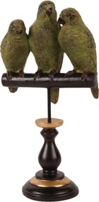 Statuetă decorativă din polirășină, trei papagali verzi pe stinghie neagră, picior sculptat cu detalii aurii, 33,5 x 18 x 10,5 cm, „Perruche