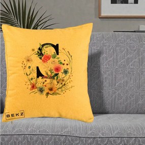 Cadou Personalizat - Perna Personalizata Monogram Litera S cu Flori Acuarela, 40x40 cm, Galben, Husa Detasabila, Perna Inclusa, BEKZ®