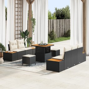 Set de sofa de grădină vidaXL cu 8 piese cu perne Negru Ratan polimer Acacia