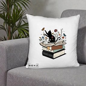 Perna Personalizata Pisica Neagra Carti Flori Fluturi, 40x40 cm, Alb Pufos, Husa Detasabila, Perna Inclusa, BEKZ®